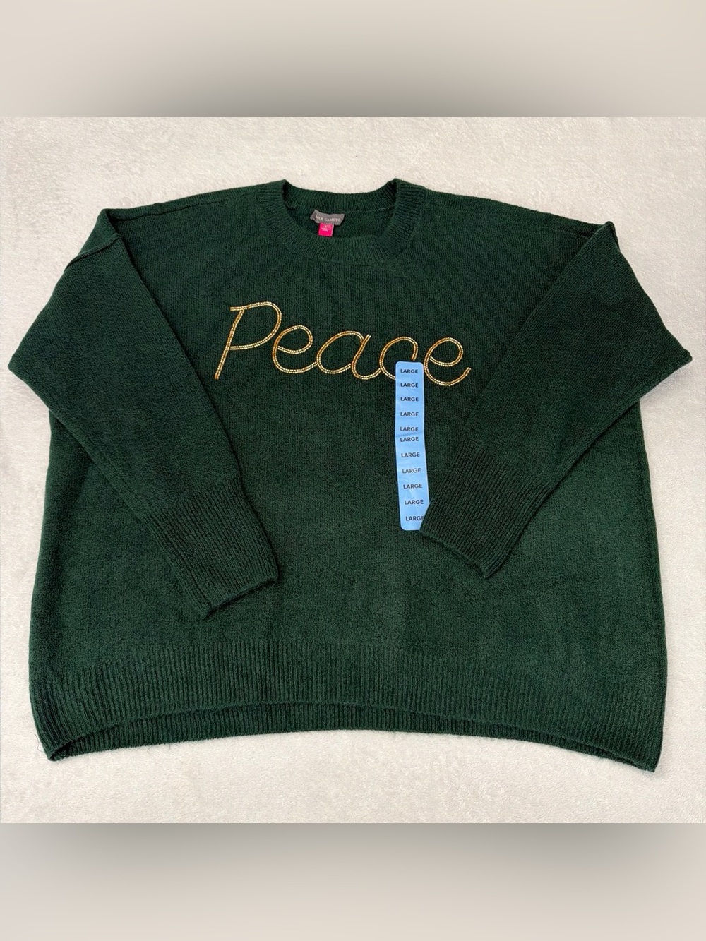 Vince Camuto Dark Green Crewneck Sweater with Gold 'Peace' Embroidery